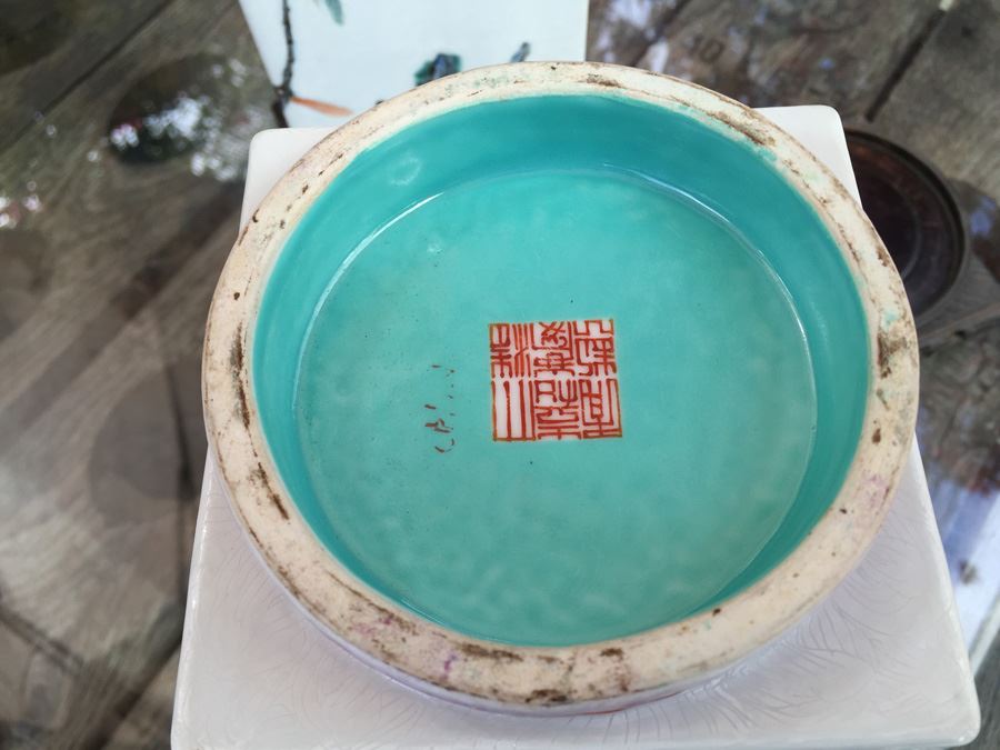 Pair Of Detailed Chinese Famille Rose Urns Vases With Custom Wooden Stands Purchased In 1930's [Photo 3]