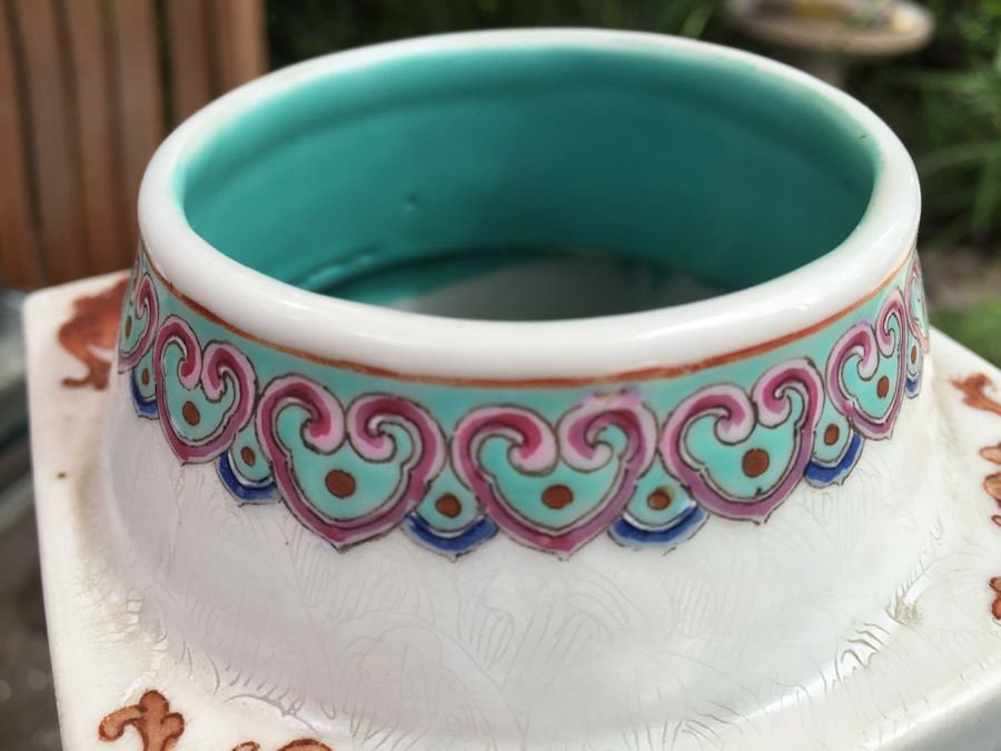 Pair Of Detailed Chinese Famille Rose Urns Vases With Custom Wooden Stands Purchased In 1930's [Photo 24]