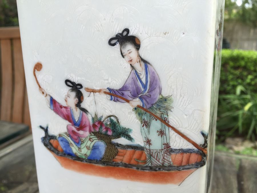 Pair Of Detailed Chinese Famille Rose Urns Vases With Custom Wooden Stands Purchased In 1930's [Photo 11]