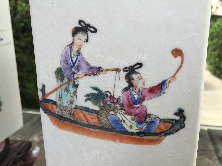 Pair Of Detailed Chinese Famille Rose Urns Vases With Custom Wooden Stands Purchased In 1930's [Photo 2]