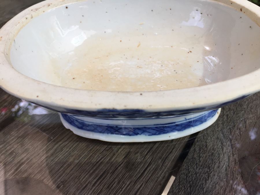 Antique Chinese Canton Blue And White Porcelain Bowl With Lid Tureen Bull Handle [Photo 34]