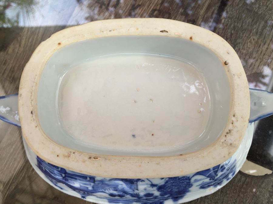 Antique Chinese Canton Blue And White Porcelain Bowl With Lid Tureen Bull Handle [Photo 36]