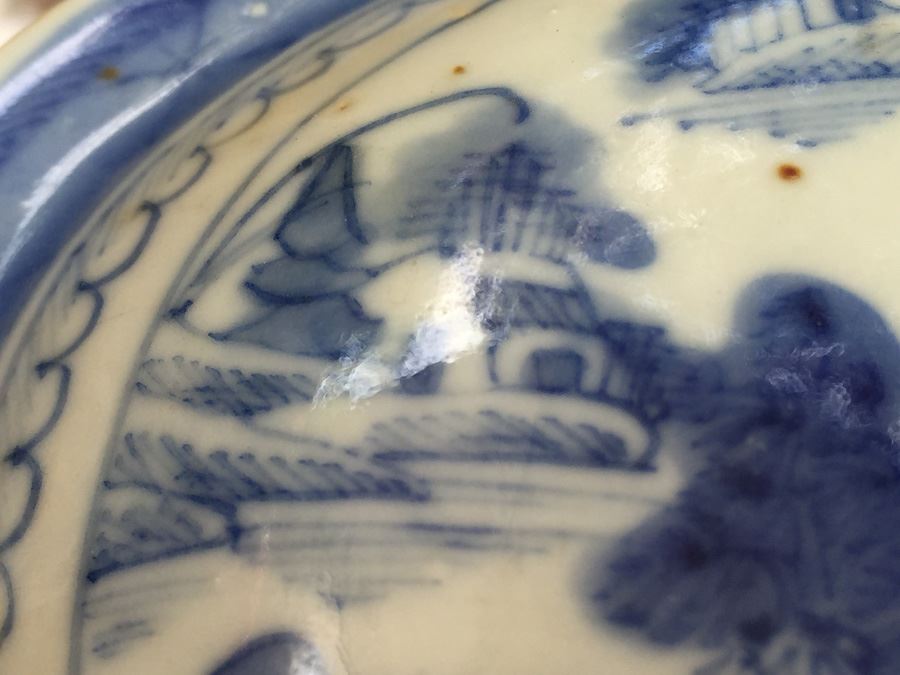 Antique Chinese Canton Blue And White Porcelain Bowl With Lid Tureen Bull Handle [Photo 16]