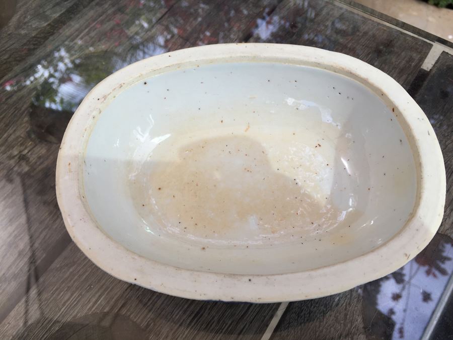 Antique Chinese Canton Blue And White Porcelain Bowl With Lid Tureen Bull Handle [Photo 32]