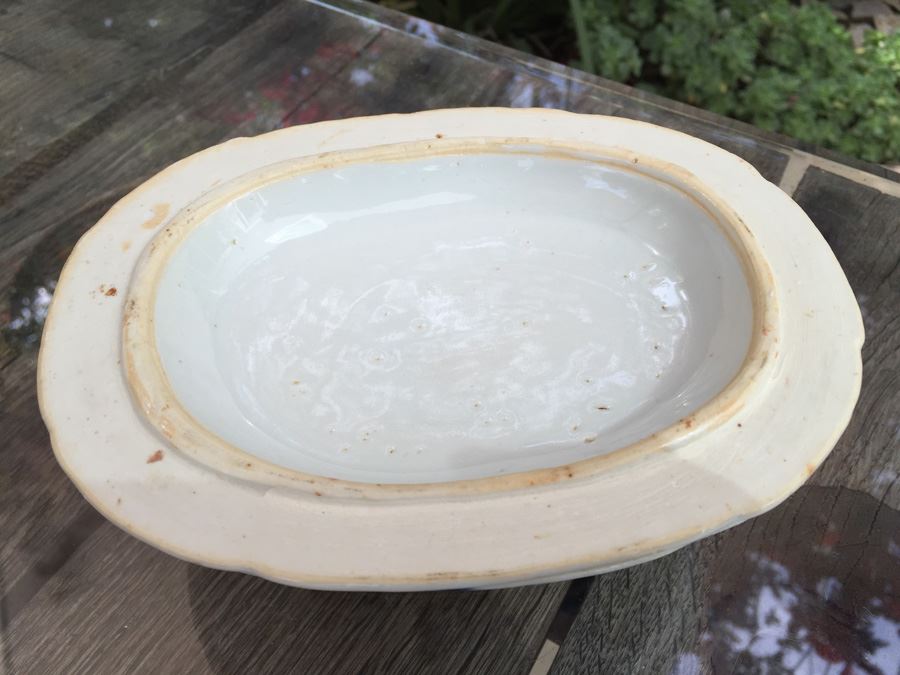 Antique Chinese Canton Blue And White Porcelain Bowl With Lid Tureen Bull Handle [Photo 31]
