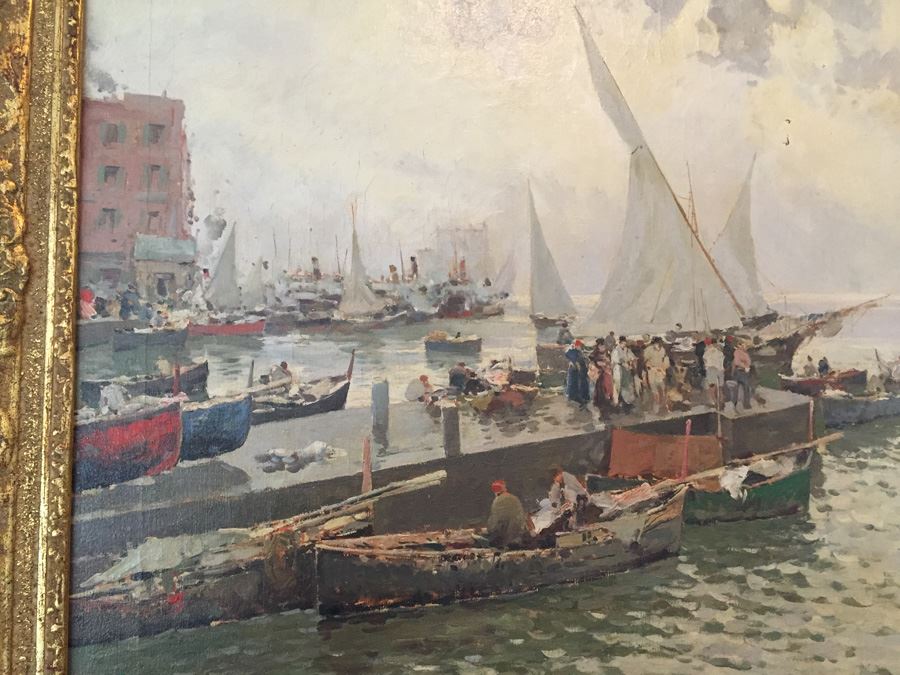 Beautiful Well Executed Original Oil Painting In Gilt Wood Frame Of Harbor Port Scene Signed L. Pasini Probably 1920's Italian [Photo 7]
