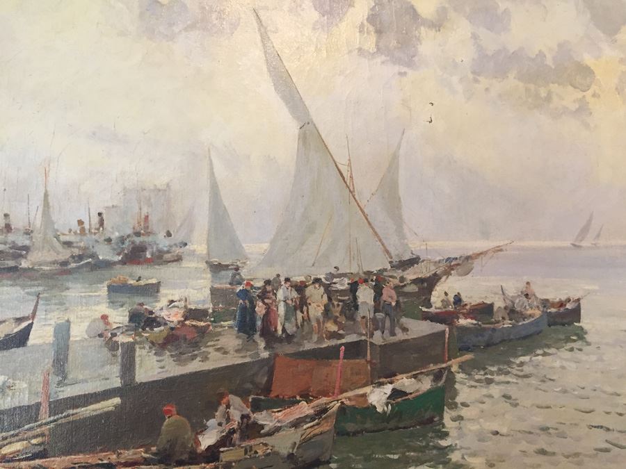 Beautiful Well Executed Original Oil Painting In Gilt Wood Frame Of Harbor Port Scene Signed L. Pasini Probably 1920's Italian [Photo 17]