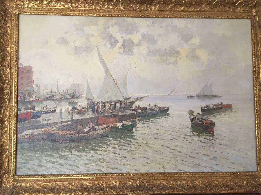 Beautiful Well Executed Original Oil Painting In Gilt Wood Frame Of Harbor Port Scene Signed L. Pasini Probably 1920's Italian [Photo 5]
