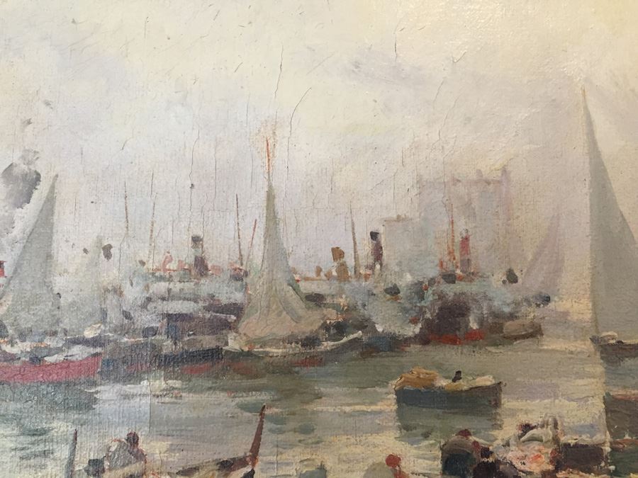 Beautiful Well Executed Original Oil Painting In Gilt Wood Frame Of Harbor Port Scene Signed L. Pasini Probably 1920's Italian [Photo 16]