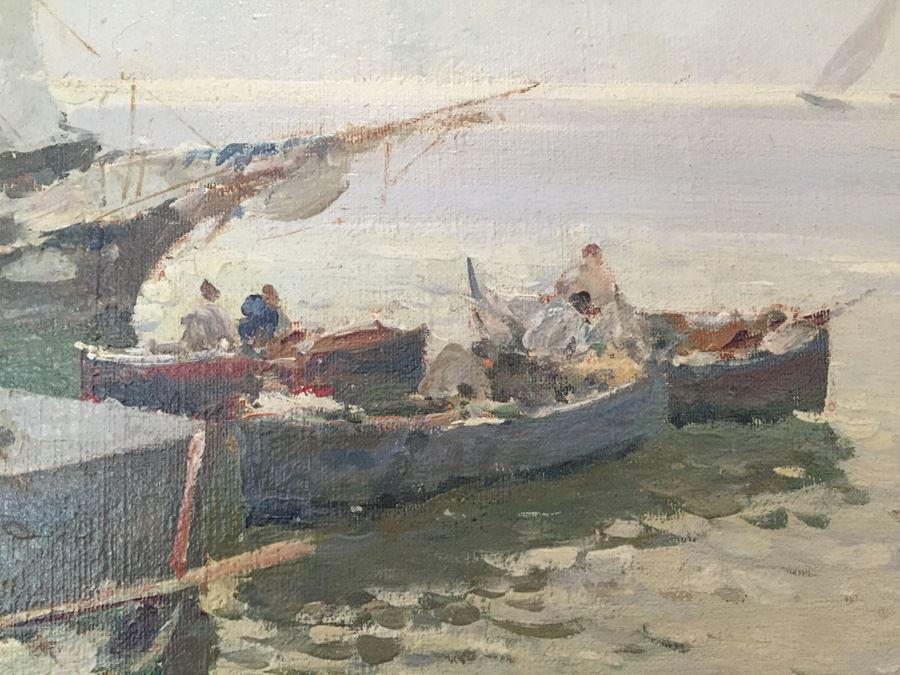 Beautiful Well Executed Original Oil Painting In Gilt Wood Frame Of Harbor Port Scene Signed L. Pasini Probably 1920's Italian [Photo 10]