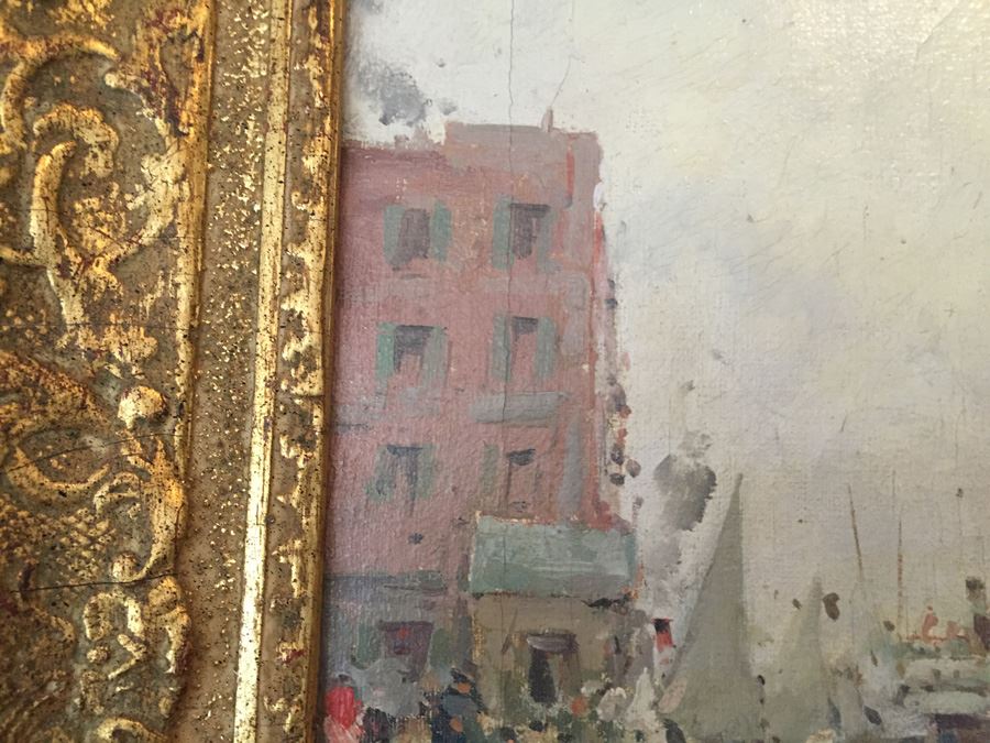 Beautiful Well Executed Original Oil Painting In Gilt Wood Frame Of Harbor Port Scene Signed L. Pasini Probably 1920's Italian [Photo 15]