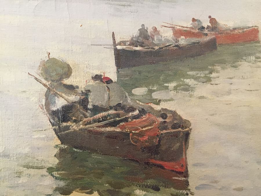 Beautiful Well Executed Original Oil Painting In Gilt Wood Frame Of Harbor Port Scene Signed L. Pasini Probably 1920's Italian [Photo 12]