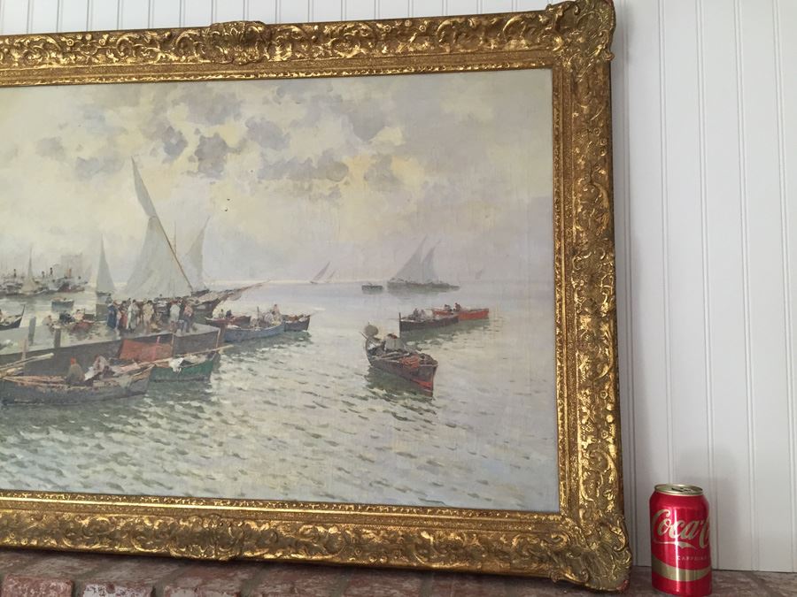 Beautiful Well Executed Original Oil Painting In Gilt Wood Frame Of Harbor Port Scene Signed L. Pasini Probably 1920's Italian [Photo 6]