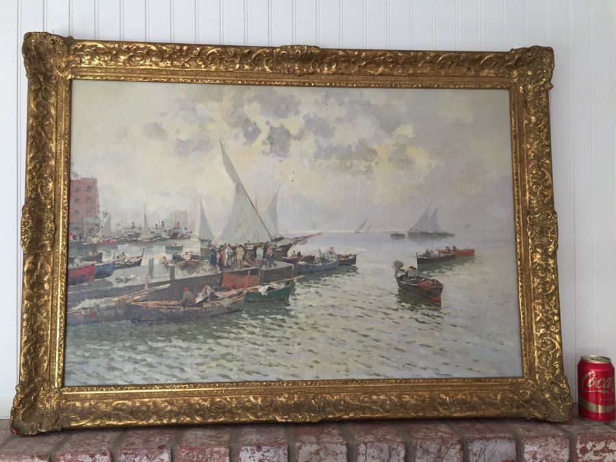 Beautiful Well Executed Original Oil Painting In Gilt Wood Frame Of Harbor Port Scene Signed L. Pasini Probably 1920's Italian