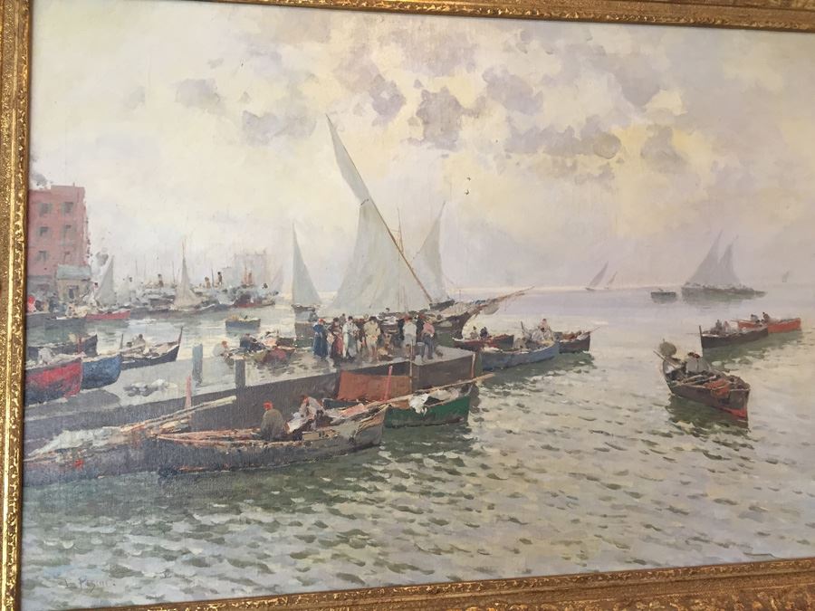Beautiful Well Executed Original Oil Painting In Gilt Wood Frame Of Harbor Port Scene Signed L. Pasini Probably 1920's Italian [Photo 22]