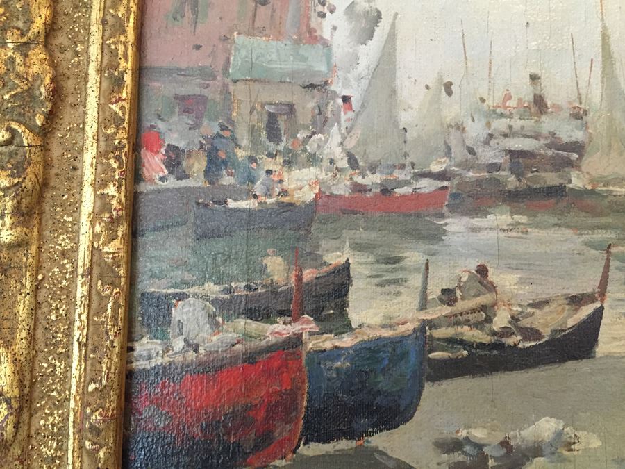 Beautiful Well Executed Original Oil Painting In Gilt Wood Frame Of Harbor Port Scene Signed L. Pasini Probably 1920's Italian [Photo 2]