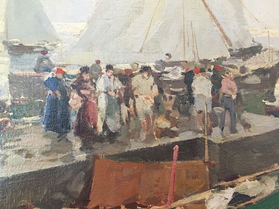 Beautiful Well Executed Original Oil Painting In Gilt Wood Frame Of Harbor Port Scene Signed L. Pasini Probably 1920's Italian [Photo 9]