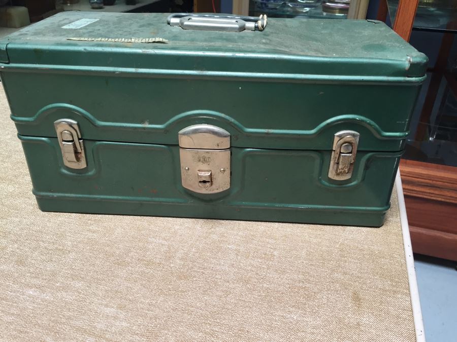 Vintage Green Tackle Tool Box With Tools