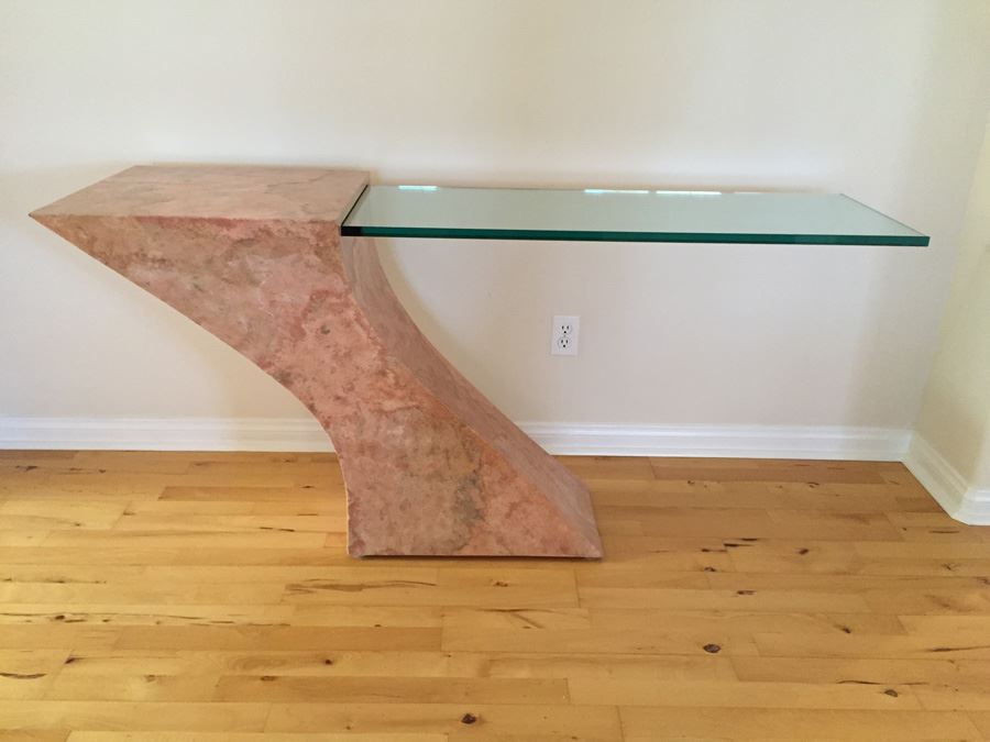 Modern Console Table With Pounded And Formed Mulberry Bark And Cantilevered Glass Designed By San Francisco Furniture Designer