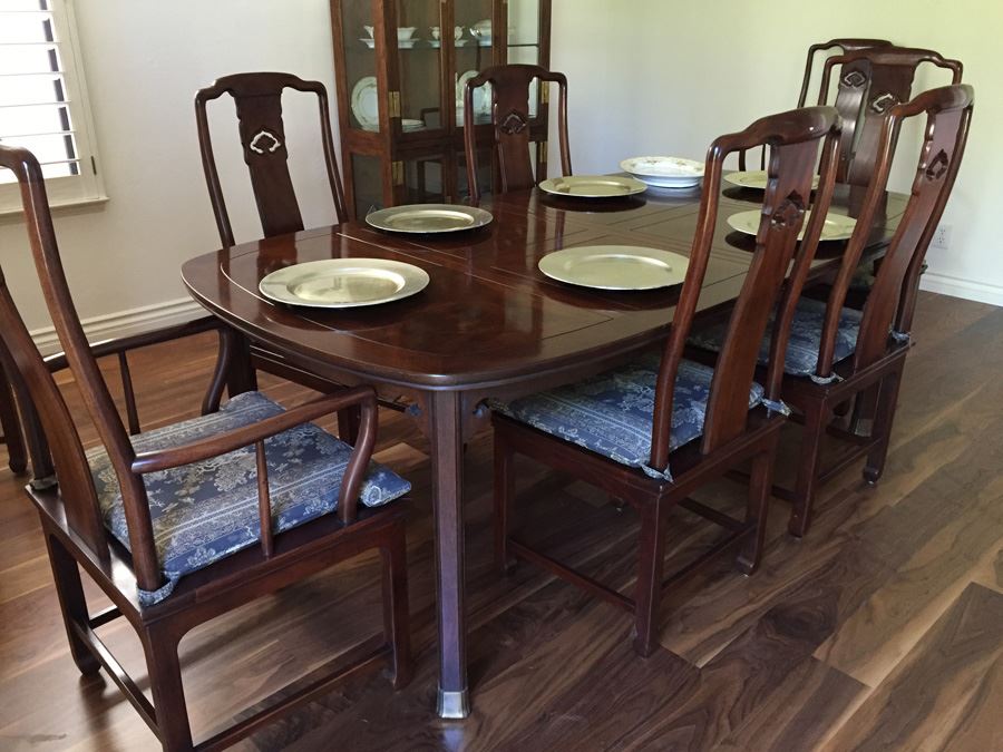 Henredon Rosewood Chinoiserie Formal Dining Table With 2 Leaves And Eight Chairs