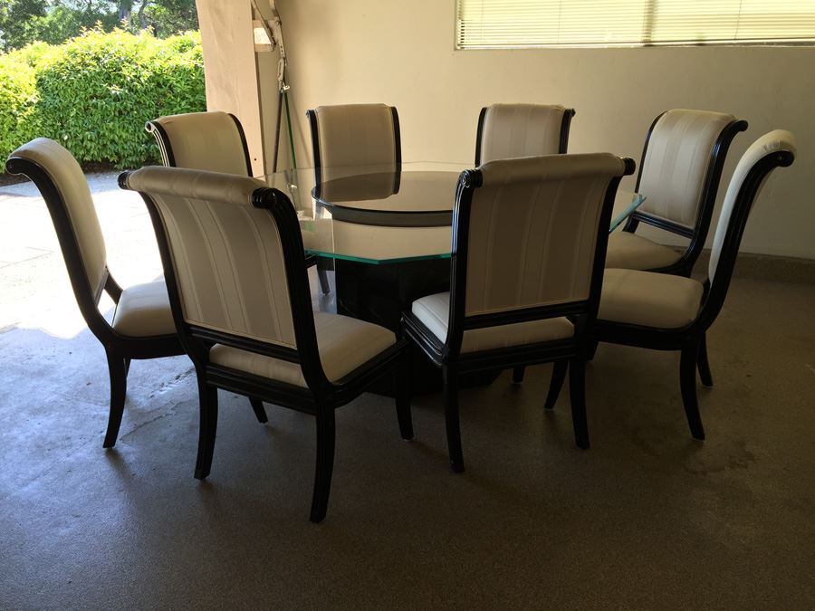 Large Designer Table With Marble Base, Dual Glass Tops And Eight Chairs [Photo 4]