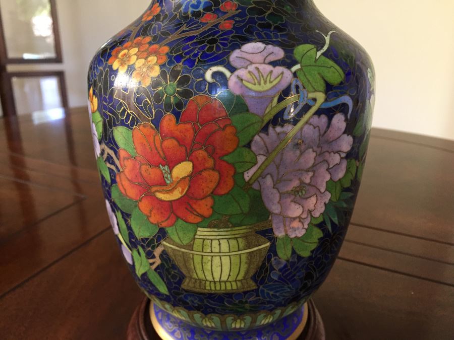 Fine Cloisonne Vase On Wooden Stand 9 Inches Tall [Photo 4]