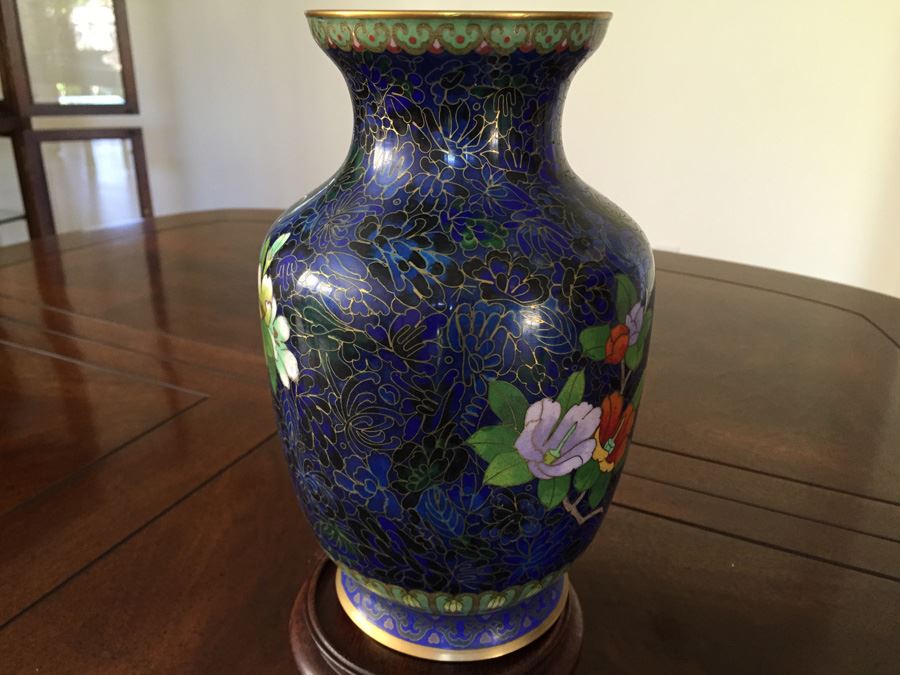 Fine Cloisonne Vase On Wooden Stand 9 Inches Tall [Photo 9]