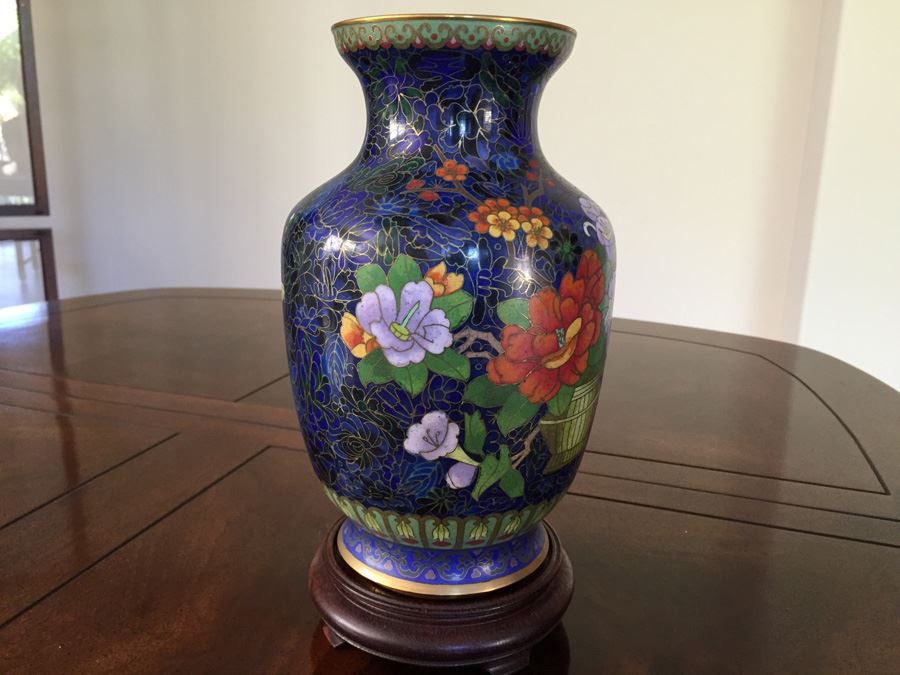 Fine Cloisonne Vase On Wooden Stand 9 Inches Tall [Photo 1]