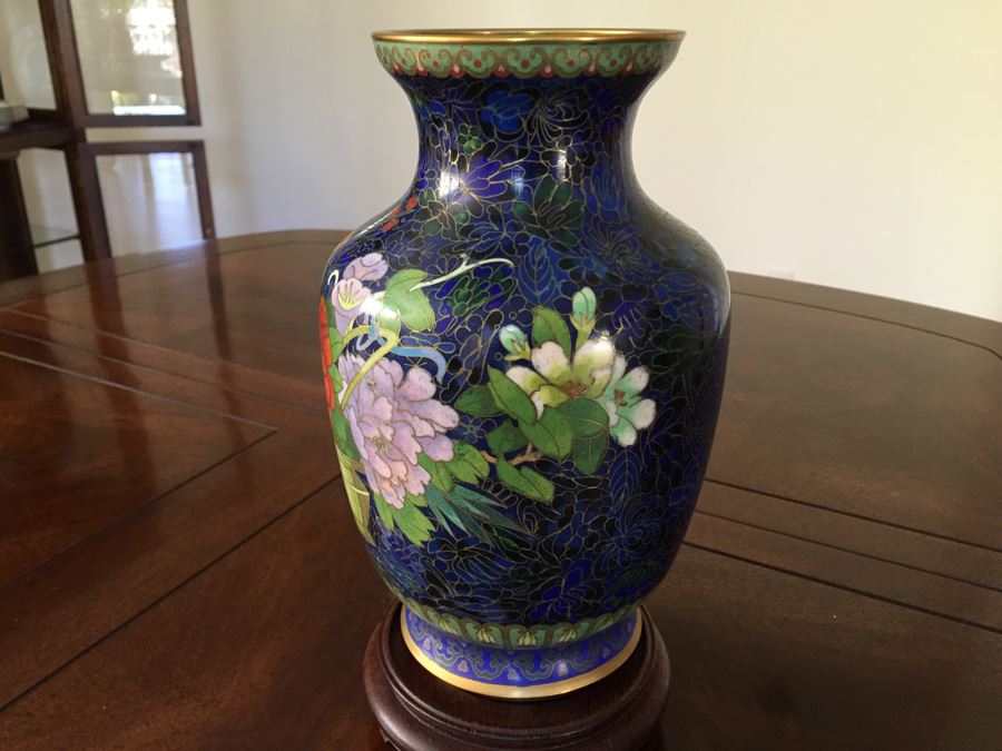 Fine Cloisonne Vase On Wooden Stand 9 Inches Tall [Photo 5]