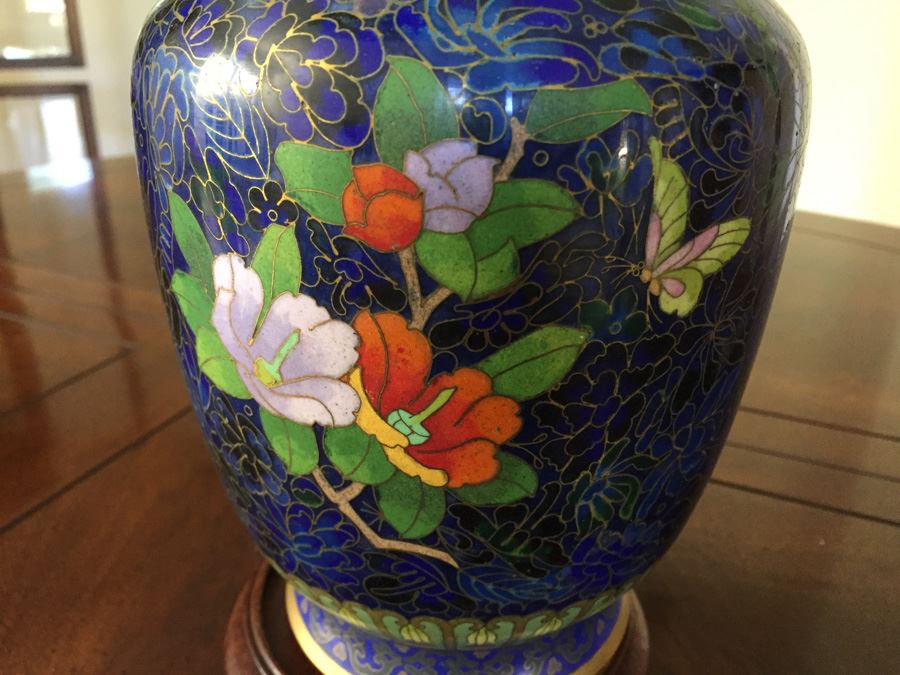 Fine Cloisonne Vase On Wooden Stand 9 Inches Tall [Photo 10]