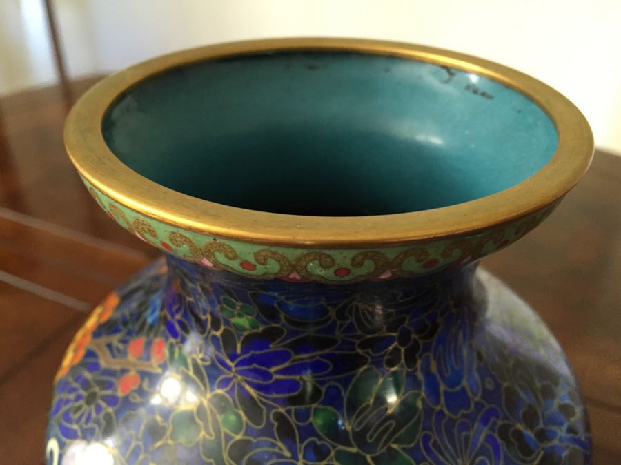 Fine Cloisonne Vase On Wooden Stand 9 Inches Tall [Photo 6]