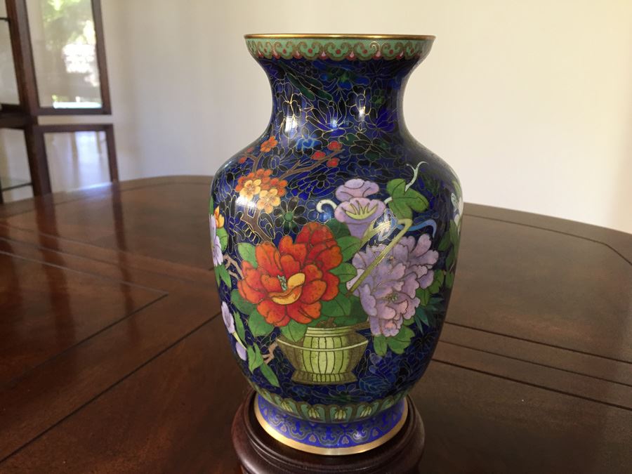 Fine Cloisonne Vase On Wooden Stand 9 Inches Tall [Photo 3]