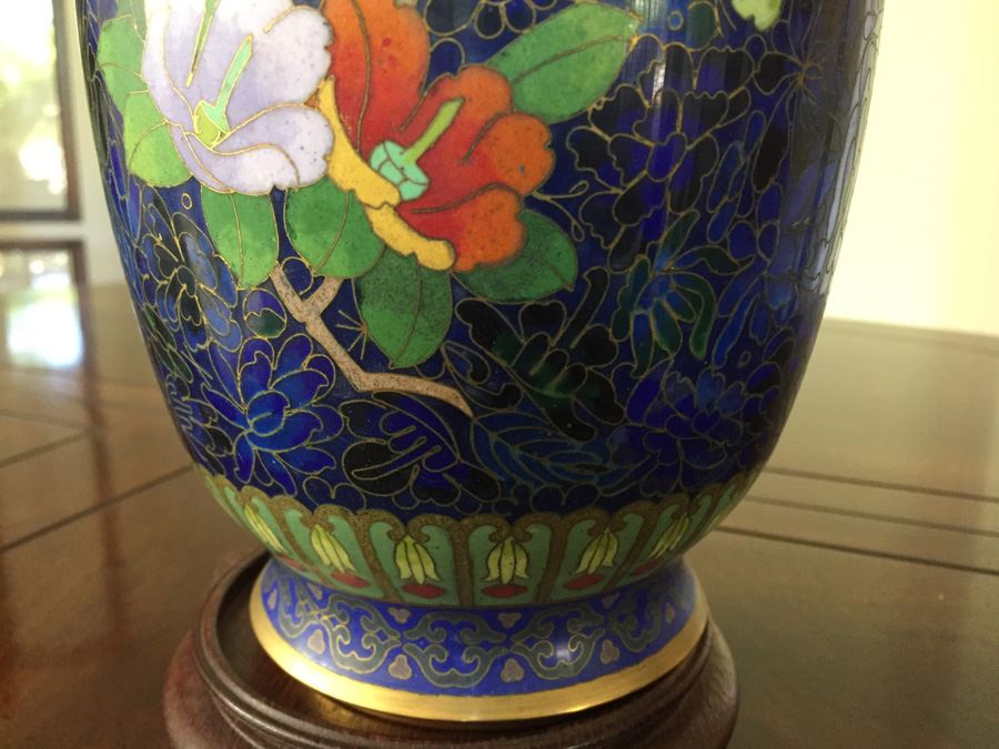 Fine Cloisonne Vase On Wooden Stand 9 Inches Tall [Photo 11]
