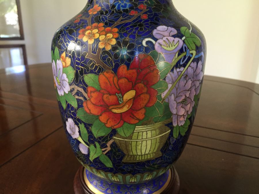 Fine Cloisonne Vase On Wooden Stand 9 Inches Tall [Photo 13]