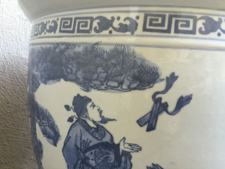 Large 18' Diameter Blue And White Pot With Wooden Stand [Photo 7]