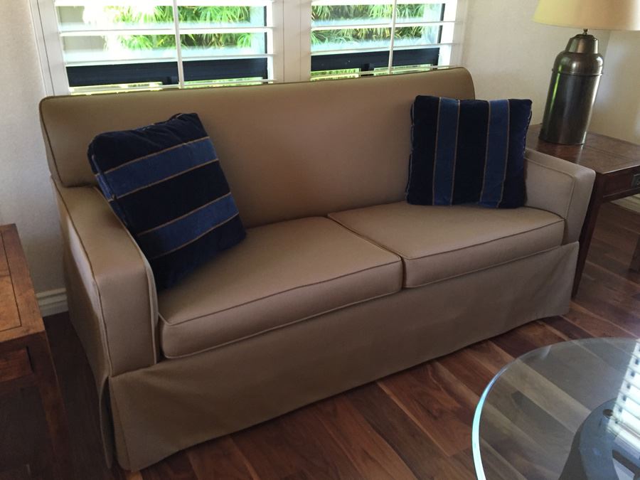 Clean Tan Sofa With Modern Lines And Two Pillows In Excellent Condition [Photo 7]