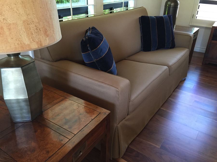 Clean Tan Sofa With Modern Lines And Two Pillows In Excellent Condition [Photo 8]