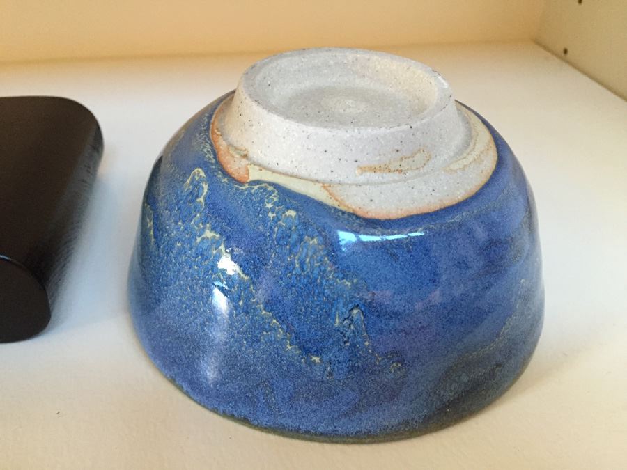 Six Inch Blue Glazed Pottery On Wooden Stand [Photo 10]
