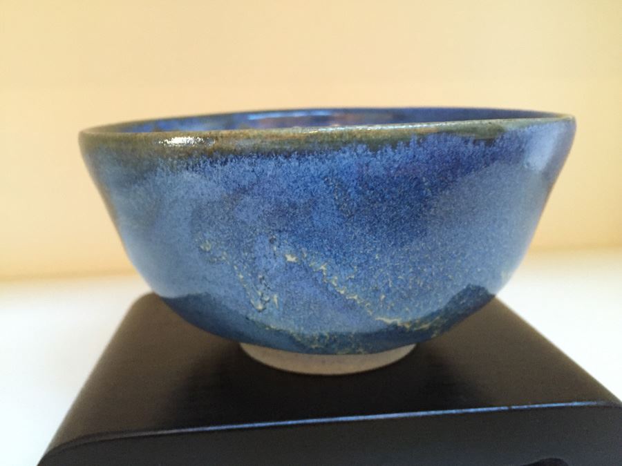 Six Inch Blue Glazed Pottery On Wooden Stand [Photo 8]