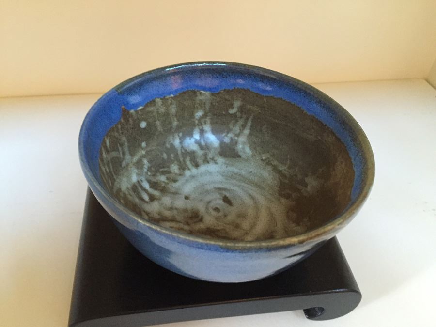 Six Inch Blue Glazed Pottery On Wooden Stand [Photo 6]