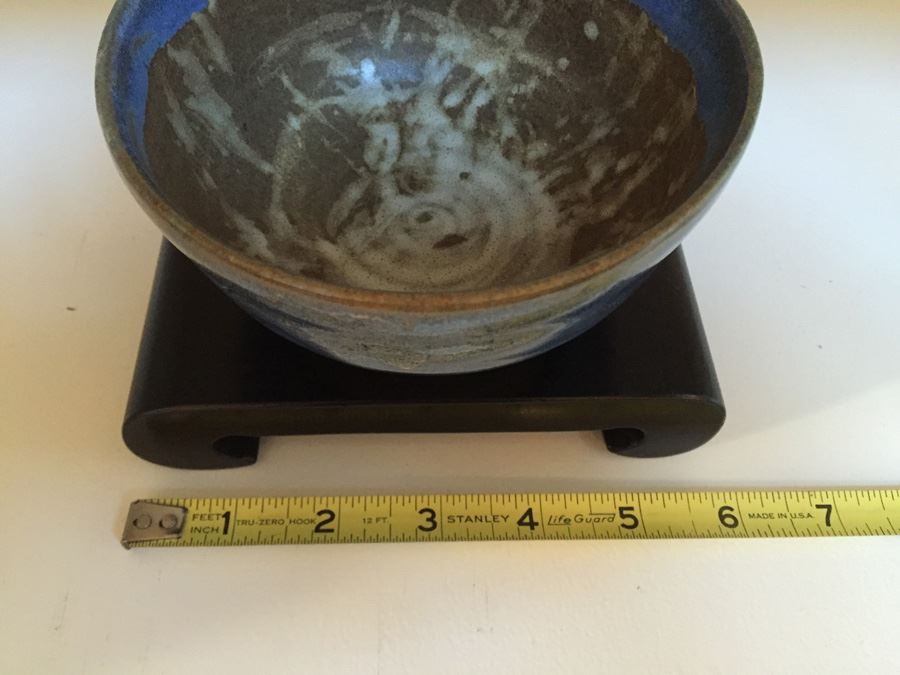 Six Inch Blue Glazed Pottery On Wooden Stand [Photo 11]