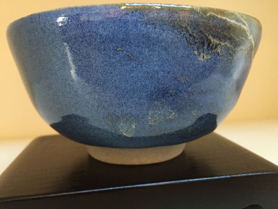 Six Inch Blue Glazed Pottery On Wooden Stand [Photo 4]