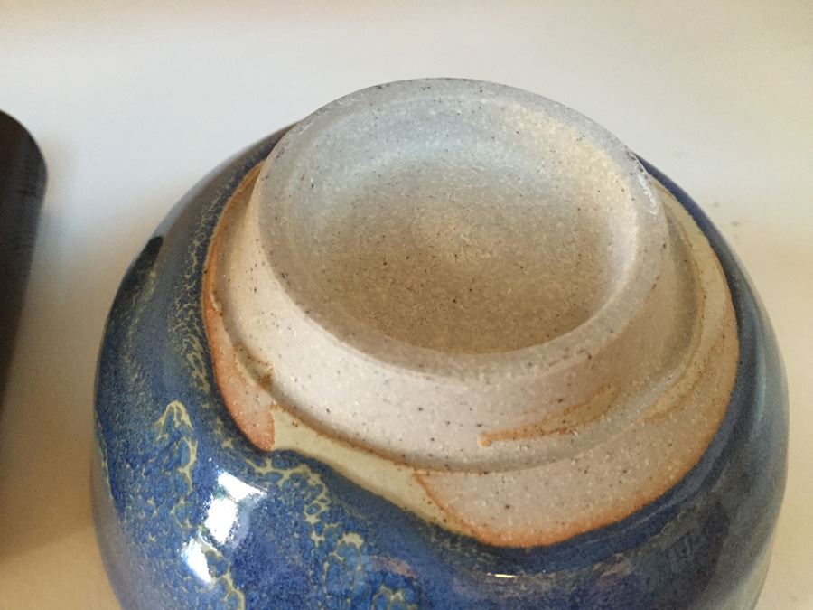 Six Inch Blue Glazed Pottery On Wooden Stand [Photo 3]