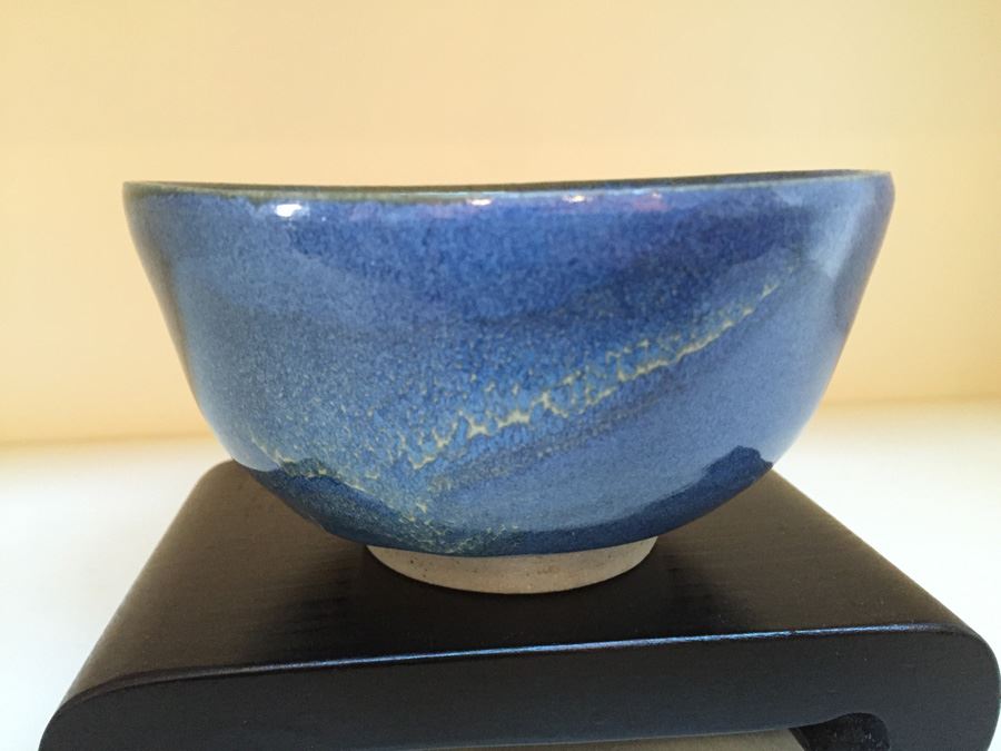 Six Inch Blue Glazed Pottery On Wooden Stand [Photo 9]