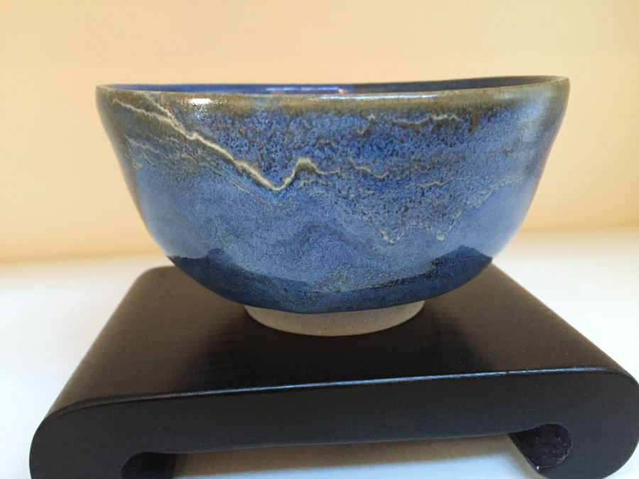 Six Inch Blue Glazed Pottery On Wooden Stand [Photo 7]