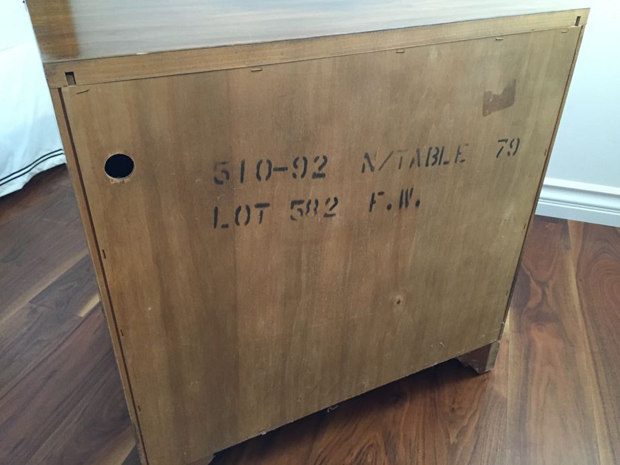 Vintage Nightstand With Brass Campaign Style Hardware And Sliding Shelf And Burlwood Front [Photo 7]