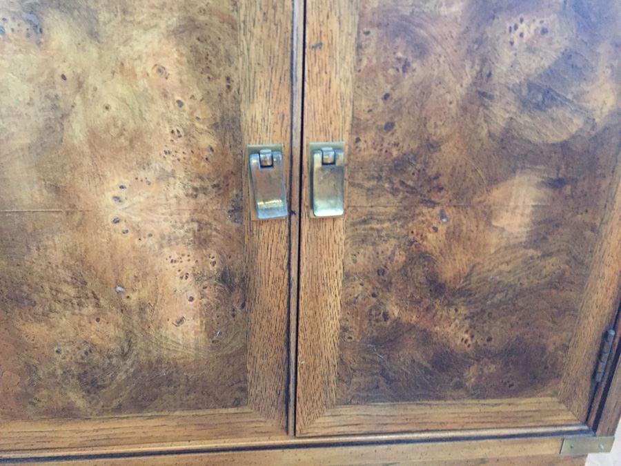 Vintage Nightstand With Brass Campaign Style Hardware And Sliding Shelf And Burlwood Front [Photo 4]