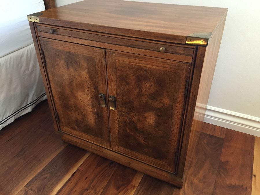 Vintage Nightstand With Brass Campaign Style Hardware And Sliding Shelf And Burlwood Front [Photo 5]