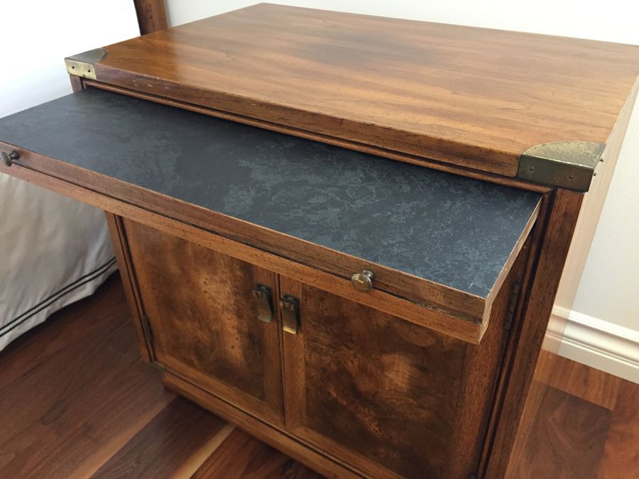Vintage Nightstand With Brass Campaign Style Hardware And Sliding Shelf And Burlwood Front [Photo 2]