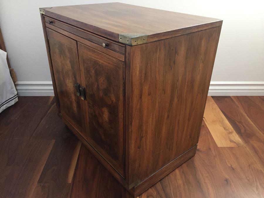 Vintage Nightstand With Brass Campaign Style Hardware And Sliding Shelf And Burlwood Front [Photo 6]
